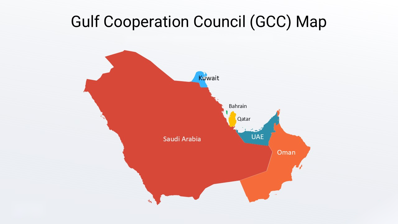 Kartta GCC-maista: Saudi-Arabia, Yhdistyneet Arabiemiirikunnat, Qatar, Kuwait, Bahrain ja Oman.